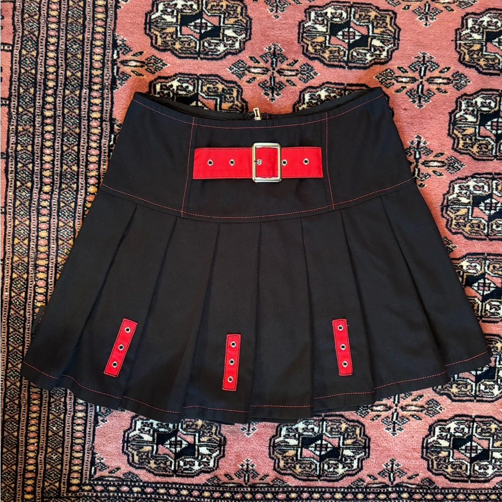 Royal Bones Black Pleated Skirt With Red Belt and Grommets